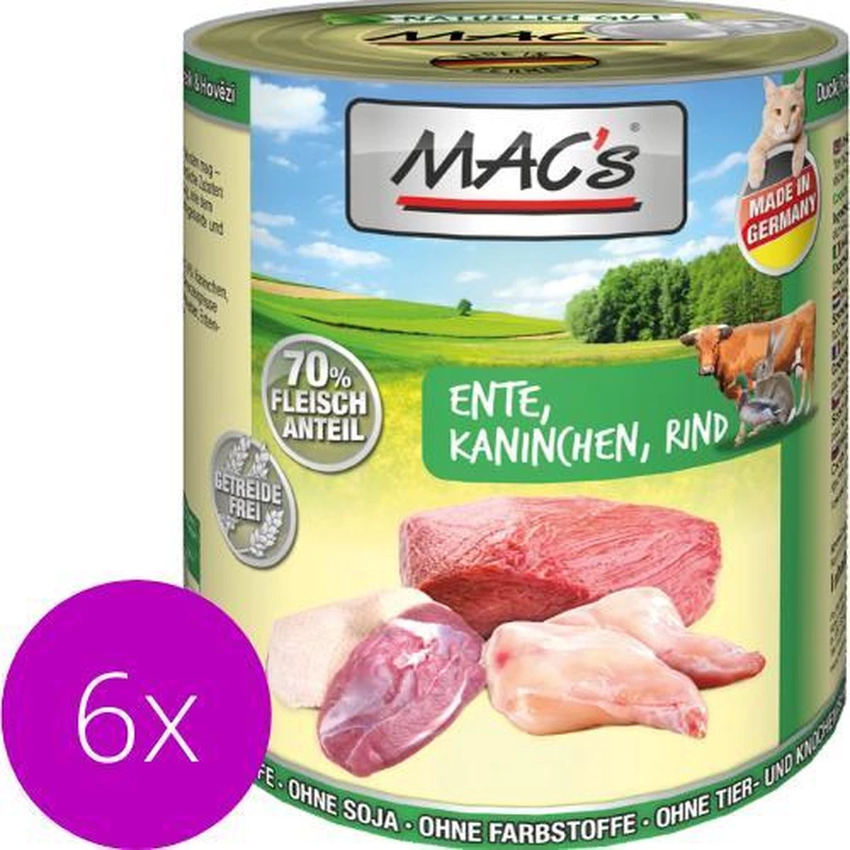 MAC’s Kattenvoer Natvoer Blik – 70% Eend, Konijn En Rund – 6 X 800g