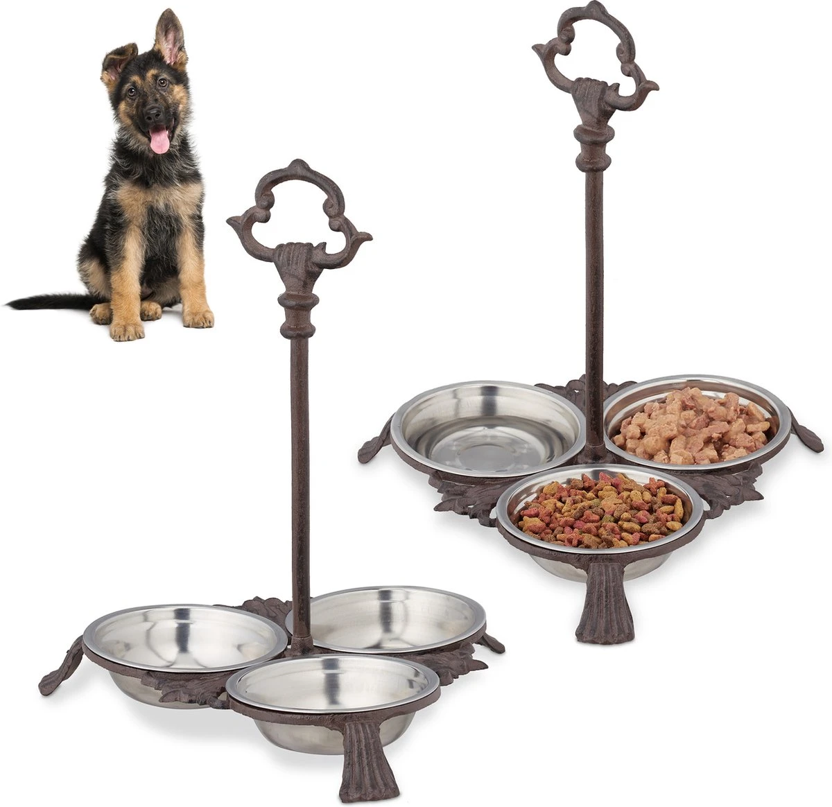 Relaxdays 2x Voerbak Hond Met Standaard – Gietijzer – Hondenvoerbak – 3 Eetbakjes Van Rvs