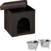 Relaxdays Home Sweet Hond 2-delige Set – Poef Bruin – M- Voerbakken – Hocker – Hondenmand