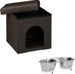 Relaxdays Home Sweet Hond 2-delige Set – Poef Bruin – M- Voerbakken – Hocker – Hondenmand