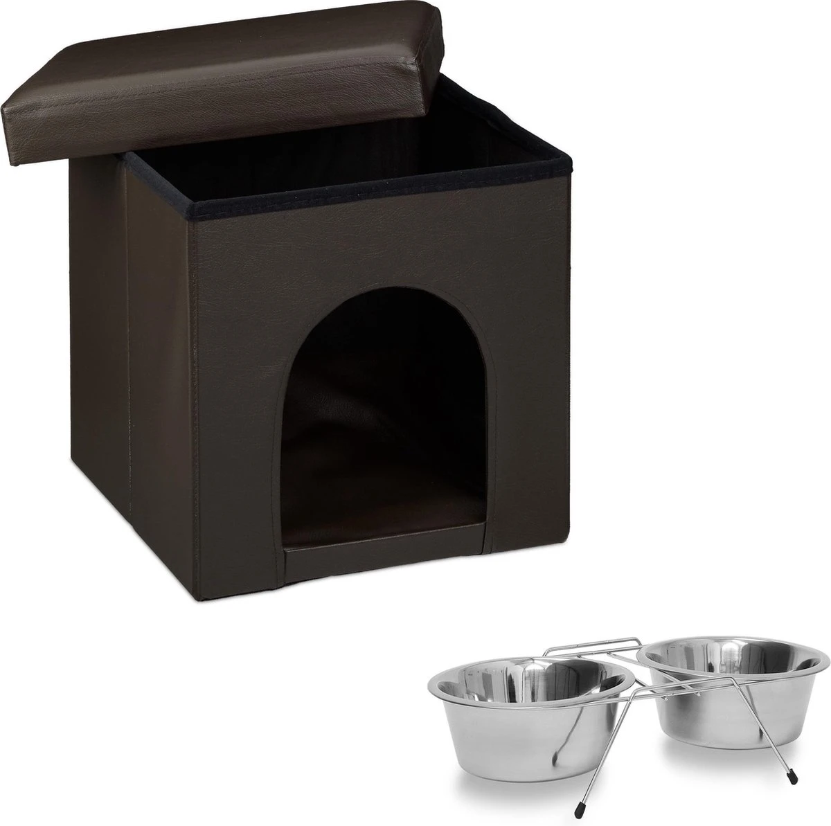 Relaxdays Home Sweet Hond 2-delige Set – Poef Bruin – M- Voerbakken – Hocker – Hondenmand