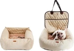 Zeer Luxe Hondenmand Voor In De Auto Beige – Comfortabel Vervoer Voor Je Viervoeter – Honden Zitje Auto – Autostoel Voor Hond – Honden Mand – Dieren Mand – Veilig Onderweg – Hondenzitje – Auto Bench – Beige – 40×30 Cm