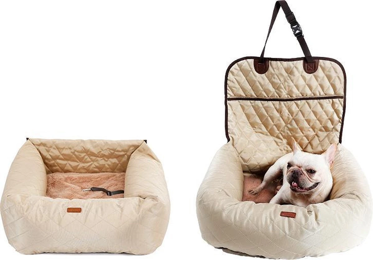 Zeer Luxe Hondenmand Voor In De Auto Beige – Comfortabel Vervoer Voor Je Viervoeter – Honden Zitje Auto – Autostoel Voor Hond – Honden Mand – Dieren Mand – Veilig Onderweg – Hondenzitje – Auto Bench – Beige – 40×30 Cm